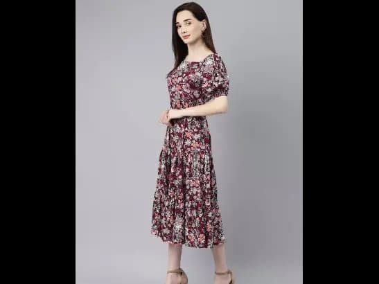 Burgundy & Orange Floral Puff Sleeves Midi Dress (2)