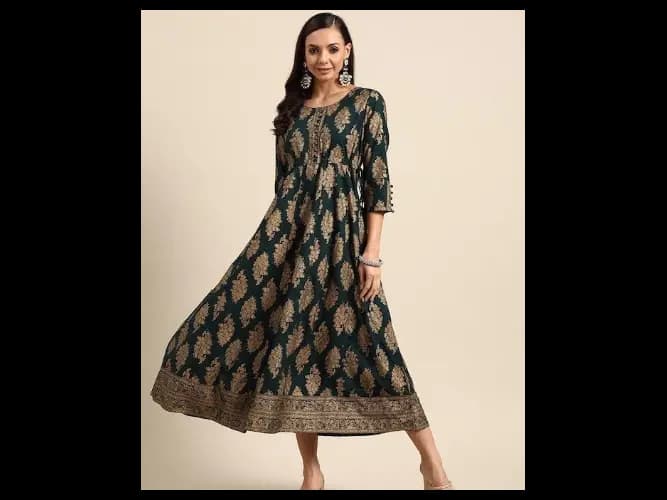 Green Gold-Toned Ethnic Motifs Ethnic Midi Dress