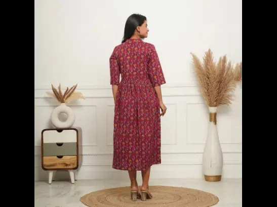 HAND BLOCK PRINT MAROON FLOWER MOM AND DAUGHTER DRESSES (4)