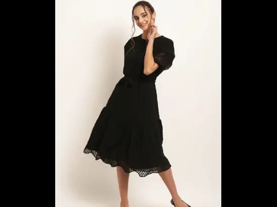 Black Lace Belted Tiered Midi Dress