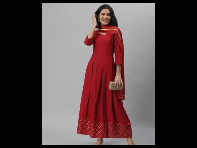 Women Maroon Anarkali Kurta With Dupatta