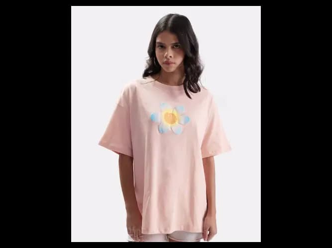 Women Yellow Printed Drop-Shoulder Sleeves Oversized T-shirt (4)