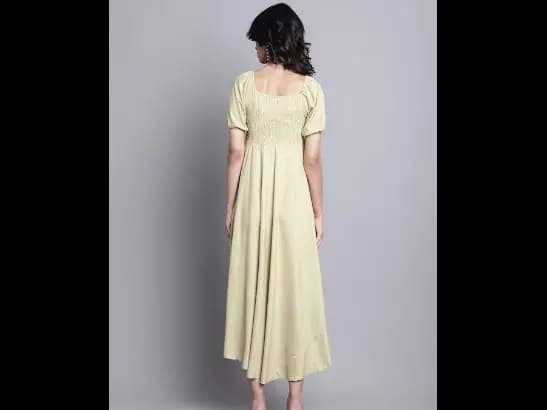 Square Neck Puff Sleeves Smocked Fit & Flare Midi Dress (3)