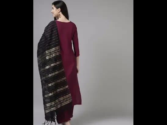 Purple & Gold Striped Yoke Thread Work Liva Straight Kurta Trousers & Dupatta (6)