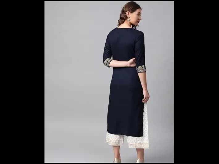 Navy Blue Paisley Floral Embroidery Kurta Set (3)