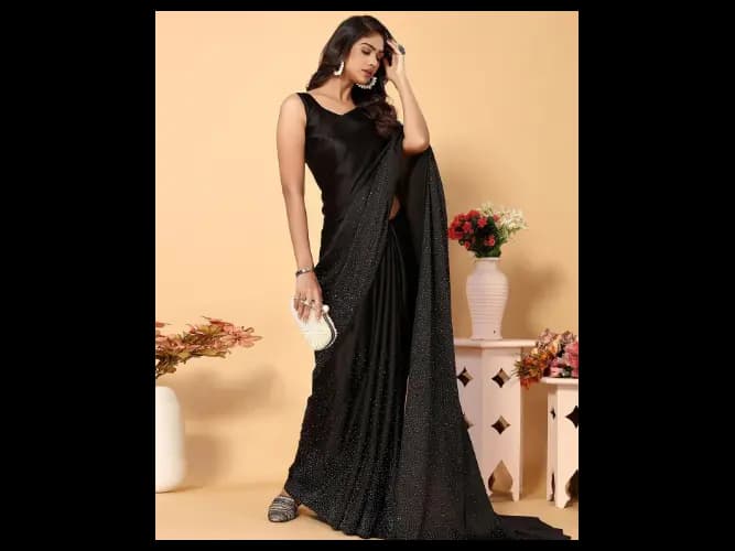 Black Embellished Beads and Stones Satin Saree