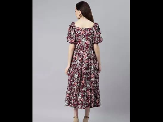 Burgundy & Orange Floral Puff Sleeves Midi Dress (3)