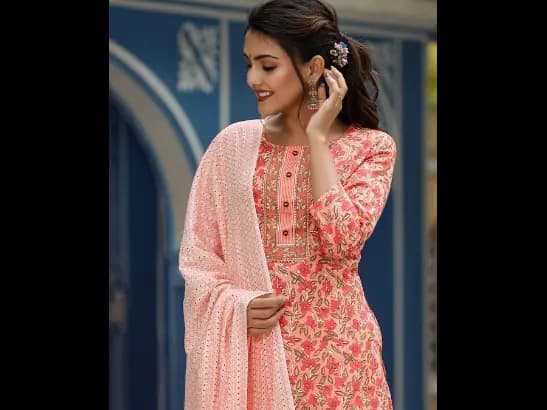 Peach-Coloured Ethnic Motifs Printed Kurta with Trousers & With Dupatta (2)