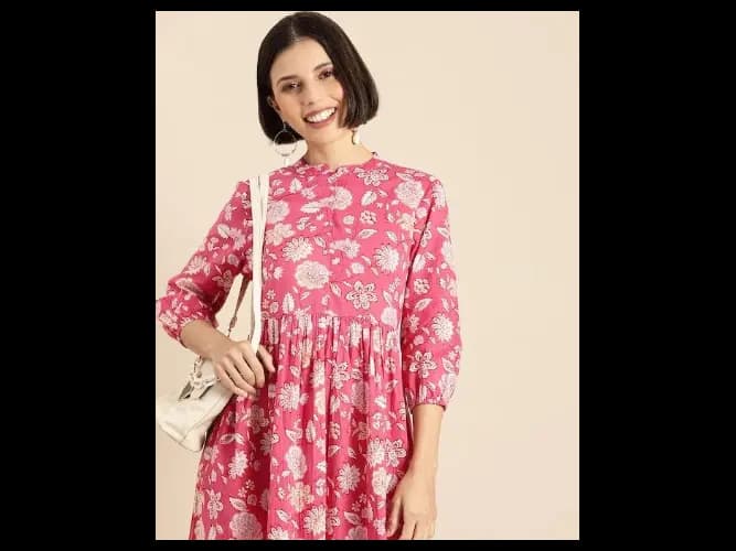 Women Pink & White Floral Printed Gathered Ethnic A-Line Midi Dress