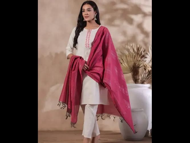 Ethnic Motifs Embroidered Thread Work Pure Cotton Kurta With Trousers & Dupatta