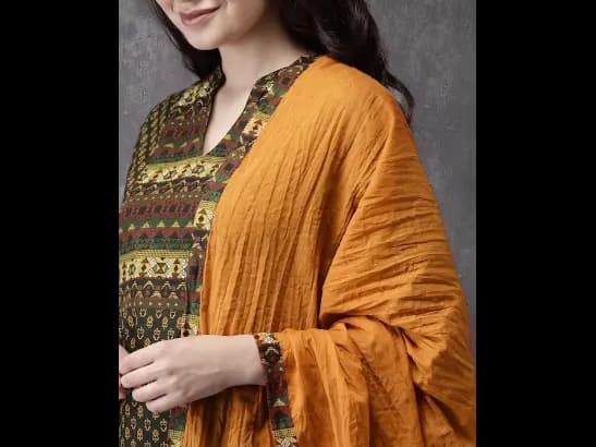 Olive Green & Mustard Brown Printed Kurta with Churidar & Dupatta (4)