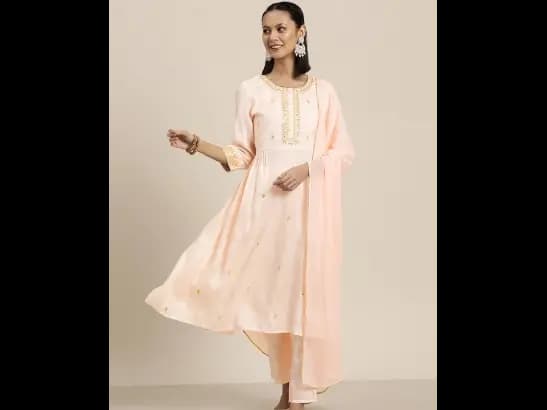 Pleated Sequinned Kurta with Trousers & Dupatta