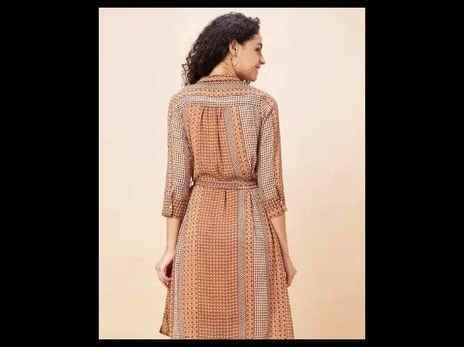 Geometric Printed Belt Detailed Shirt Collar Shirt Style Dress (5)