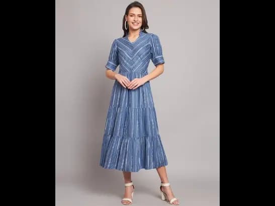 Striped Tiered Dress with Mandarin Collar (4)