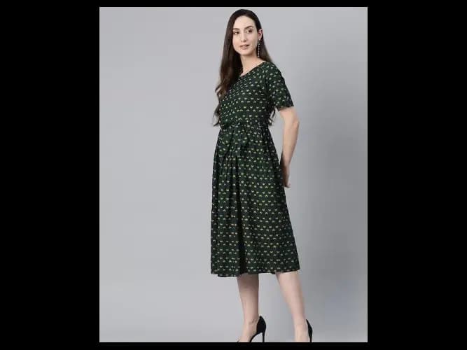 Ethnic Motifs Printed Puff Sleeve Fit And Flare Midi Dress With Belt (2)