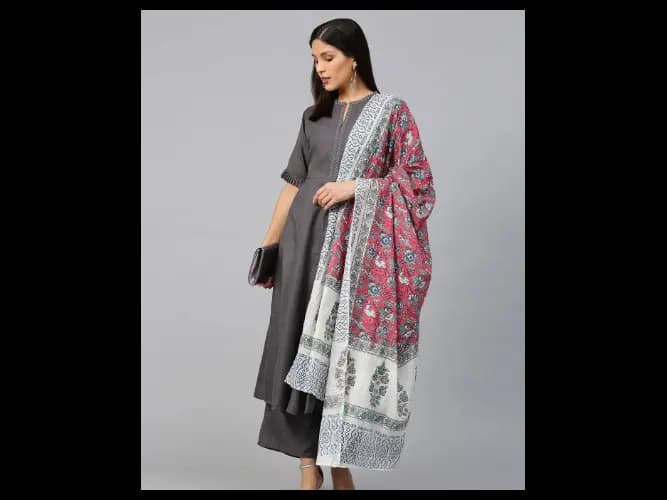 Women Charcoal Grey Solid Kurta with Palazzos & Dupatta (2)