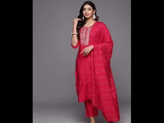 Floral Yoke Design Regular Sequinned Kurta with Trousers With Dupatta