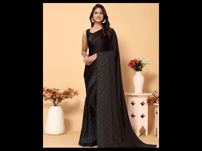 Black Embellished Beads and Stones Satin Saree (2)