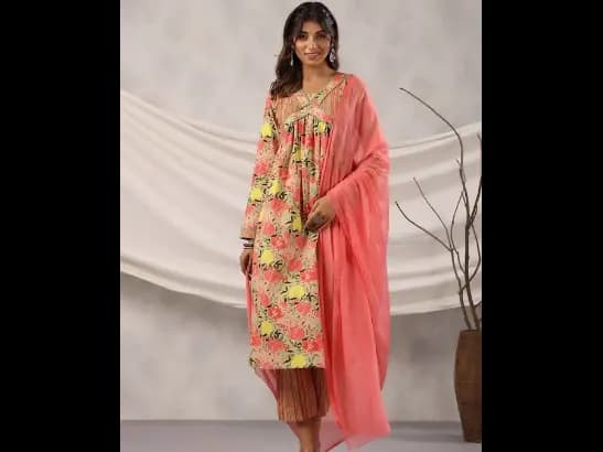 Floral Printed V Neck Pure Cotton A-Line Kurta With Trousers & Dupatta