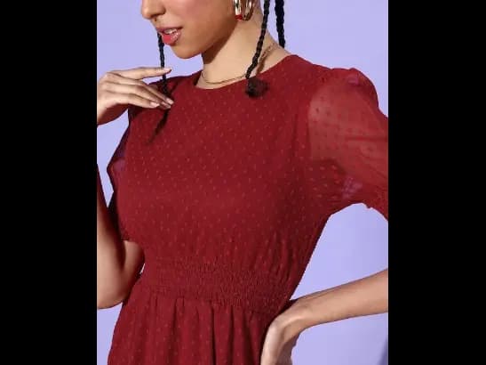 Dobby Puff Sleeves Fit & Flare Dress With Smocked Detail (3)