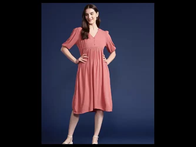 Pure Cotton Lace Insert & Gathered Detail Puff Sleeves Empire Dress