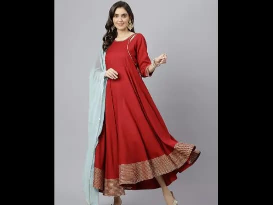 Maroon Solid Anarkali Kurta With Dupatta