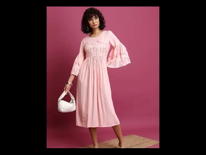 Pink Floral Printed Bell Sleeve Pleated A-Line Midi Dress (2)