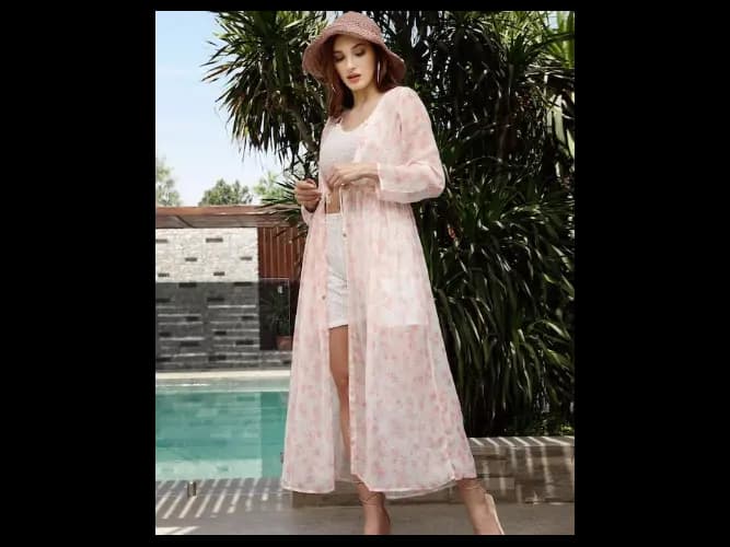 Women White & Pink Printed Longline Tie-Up Shrug (5)