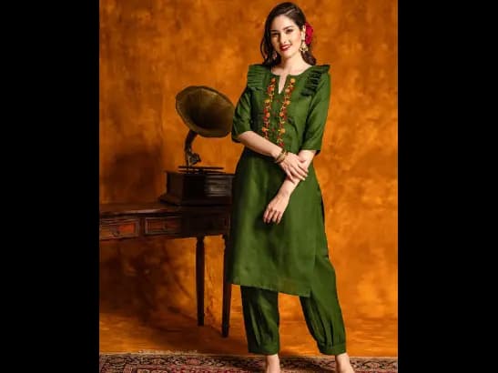 Floral Embroidered Ruffled Pure Cotton Kurta With Patiala & Dupatta (4)