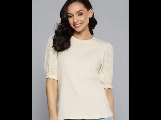 Cream-Coloured Solid Schiffli Detail Top