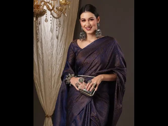 Navy Blue & Gold-Toned Woven Design Zari Silk Blend Banarasi Sarees