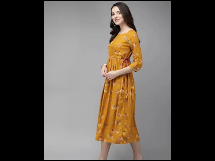 Mustard Yellow Printed A-Line Kurta (3)