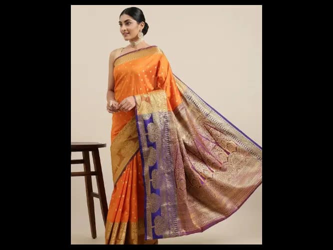 Orange & Golden Paisley Design Zari Banarasi Silk Saree (3)