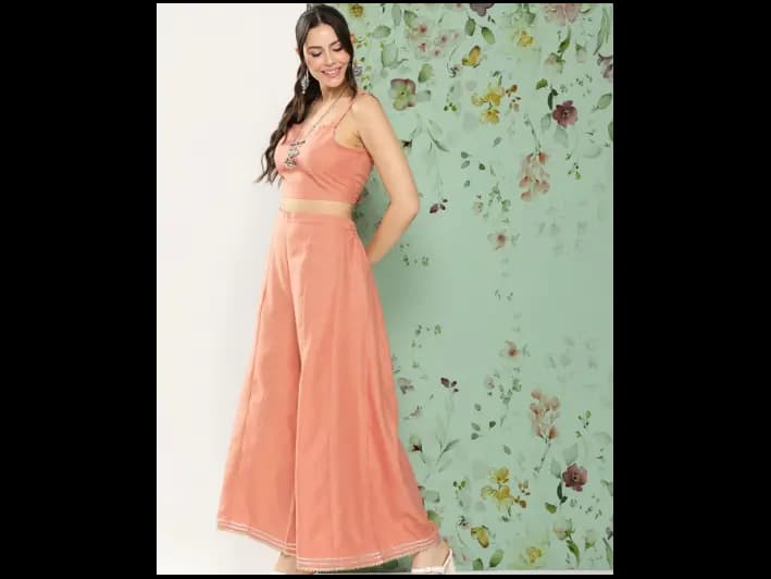 Peach-coloured solid Top with Palazzos (4)