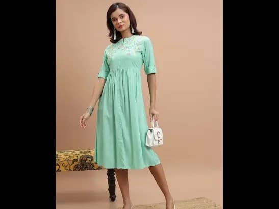 Turquoise Blue Floral Embroidered A-Line Midi Dress
