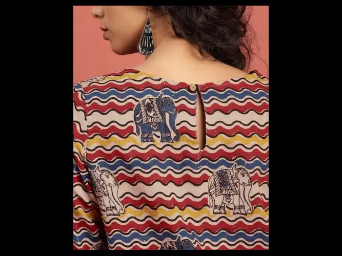 Beige & Maroon Hand Block Print Kalamkari A-Line Pure Cotton Sustainable Dress (4)