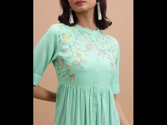 Turquoise Blue Floral Embroidered A-Line Midi Dress (3)