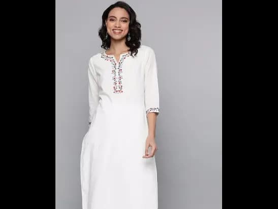 White Cotton Straight Thread Work Kurta