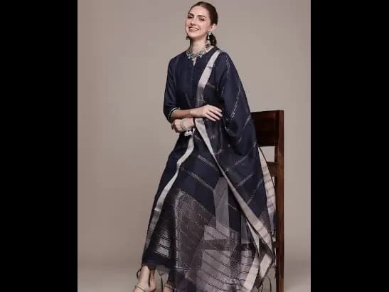 Navy Blue Regular Kurta with Palazzos & With Dupatta