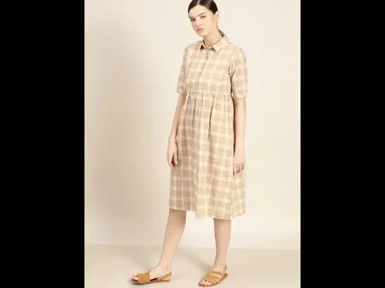 Kora Collection Beige & White Handloom Sustainable Unbleached Fabric Shirt Dress