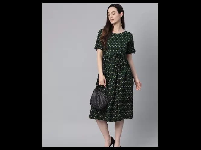 Ethnic Motifs Printed Puff Sleeve Fit And Flare Midi Dress With Belt