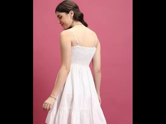 White Smocked Detailed Shoulder Straps Cotton Fit & Flare Dress (4)