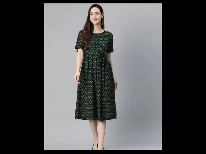 Ethnic Motifs Printed Puff Sleeve Fit And Flare Midi Dress With Belt (4)
