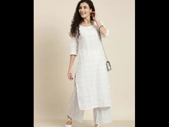 Off-White & Black Checked Straight Kurta With Striped Palazzos