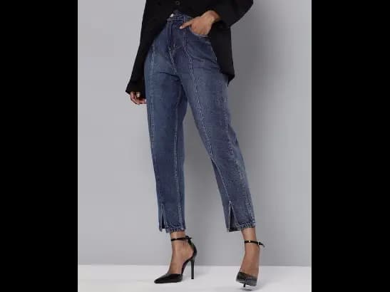 Blue Regular Fit High-Rise Clean Look Panelled Cropped Jeans