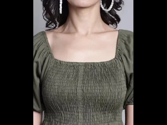 Square Neck Puff Sleeves Smocked Fit & Flare Midi Dress (4)