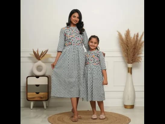 EMBROIDERED BUTTON DOWN WHITE BOOTI MOM AND DAUGHTER DRESSES