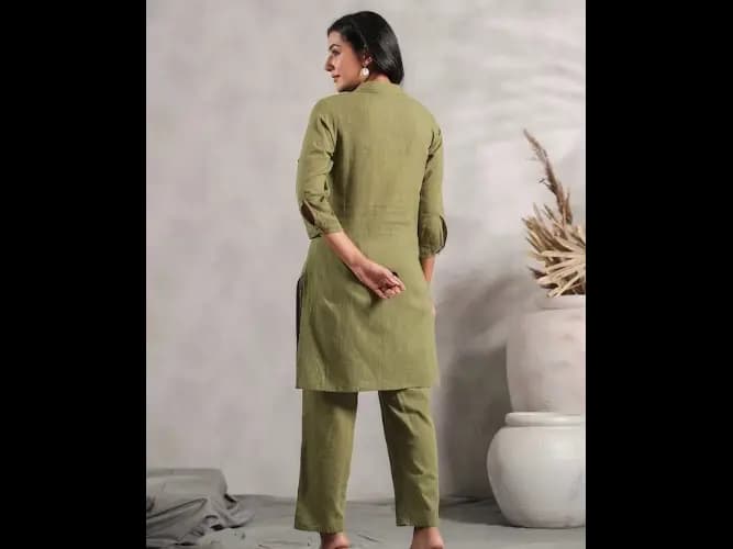 Shirt Collar Cuffed Sleeves Fusion Pure Cotton Kurta with Trousers (2)