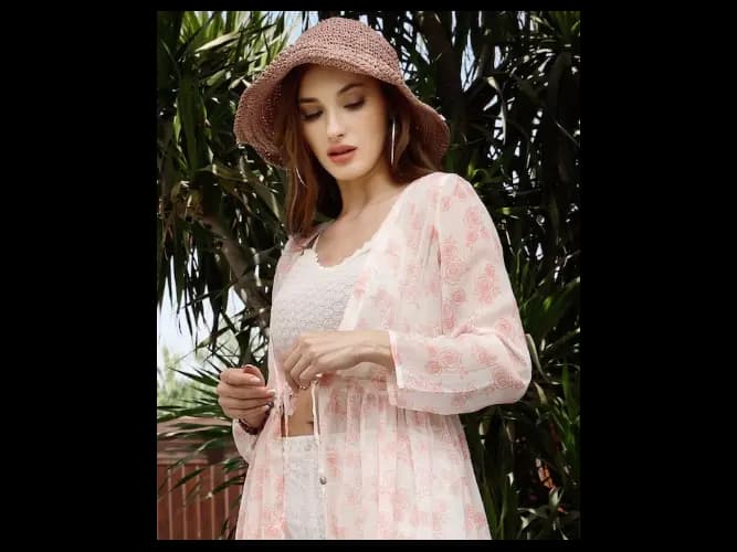Women White & Pink Printed Longline Tie-Up Shrug (4)