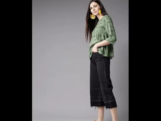 Olive Green & Blue Geometric A-Line Top with Gathered Detail (3)